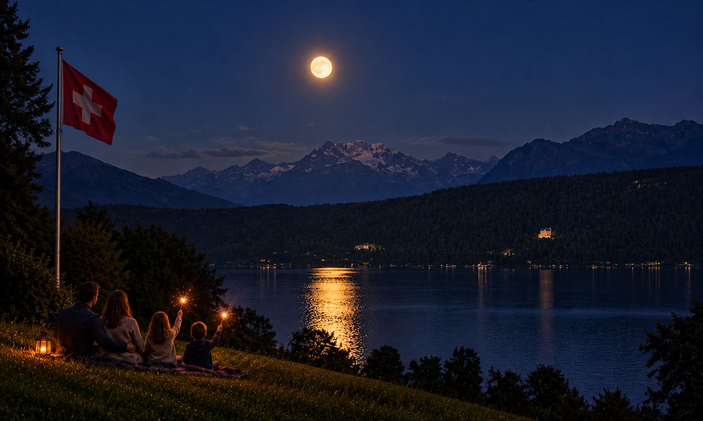 Eine Familie sitzt in einer Sommernacht am Seeufer unter einer Schweizer Fahne und h&auml;lt Wunderkerzen. Am Himmel steht der Vollmond &uuml;ber den Alpen.