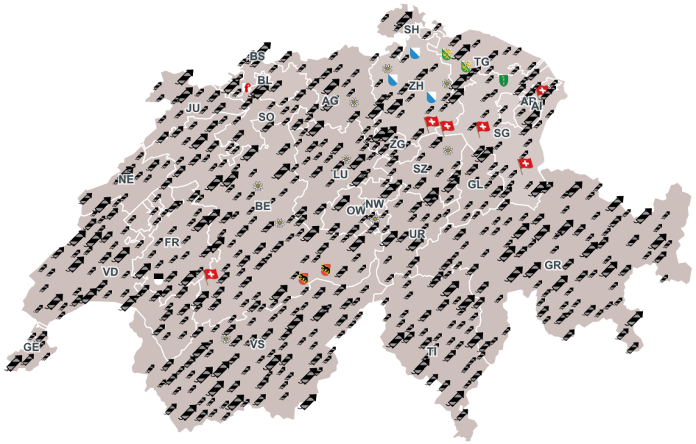 Zur Spendenkarte: In fast allen Kantonen der Schweiz stehen noch Raketen. Vereinzelt sind bereits Edelweiss, Kantonswappen und Schweizerfahnen zu sehen.